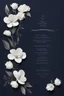 Placeholder: An extremely formal, funeral program for a black man on darkest blue deeply pigmented velvet paper with brilliant, brightest heavy white fonts, simple, minimalistic, less element, very dramatic lighting, detailed, white flowers,