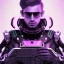 Placeholder: cute man, handsome man in futuristic suits, black and white highlight hair color, pink and purple background, pink lighting, deep purple backlighting, gun, smoke, robot suits