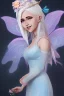 Placeholder: Fantasy fairy with transparent wings, smiling, make up, long platinum blond hair with crown and flowers, blue dress