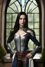 Placeholder: pale skin, Realistic photography, realism, model figure, female half elf, beautiful, young, dark hair, long and subtle stylish layer straight hair style, front view, intricate white leather armor with blue streaks, dark aristocrat pants, standing, blue detailed plating, detailed part, brown dark eyes, green garden background behind window, dawn, full body shot, looking at viewer