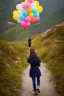 Placeholder: A beautiful girl walking along a mountain path, walking against the wind with balloons in her hand. nature, HD photography, Galen Rowell, David Muench, perfect composition, gloss, hyperrealism