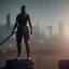 Placeholder: person with a sword overlooking a cyberpunk city