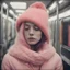 Placeholder: Billie elh, sad,in the metro in the style of a polaroid,, pink,orange, with a knitted hat, eyes closed