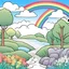 Placeholder: coloring page of A rainbow stretching across the sky after a refreshing rain shower ,line art landscape,stone,cute flowers,cute trees, much details, dark outlines,vector --ar 2:3