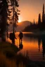 Placeholder: Two silhuet hikers walking near a lake in the forest, in a mountaion setting in sunset