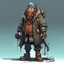 Placeholder: street cyperpunk dwarf with cybernetic legs, dressed with a coat and beanie