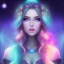 Placeholder: beautiful woman with long hair and smile look the stars and northern aurora blue turquoise lights, blue, pink,