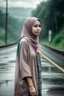 Placeholder: Wanita Indonesia cantik muslimah berdiri di tepi jalan yang sepi saat hujan deras