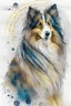 Placeholder: Abstract wet watercolour of a rough collie, ink lines, interlinked circles,detailed focus on eyes