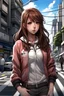 Placeholder: Uraraka Ochako, pink and white bodysuit, standing on a street, Boku no Hero Academia, HD, ultra realistic, (masterpiece, best quality), ultra-detailed, ((anime)), blush, brown hair