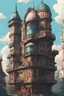 Placeholder: Big building, high railway, decopunk theme, ghibli artstyle