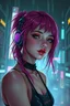 Placeholder: a pretty cyberpunk girl, bright hair, dreaming of an escape from this dystopian world