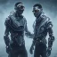 Placeholder: lionel messi and kylian mbappe perfect face and portrait post-apocalypse perfect cyborgs in a cyberpunk city, sci-fi fantasy style, 8k,dark