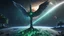 Placeholder: matrix universe, space, planets, god creation, angels from other dimensions with beautiful wings, trees on the planet, behind green crystals of light, few tiberium monolith deposits on the planet near tree,