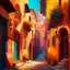 Placeholder: Paint an ancient city with narrow streets and old buildings. Use warm and bright colors to create a sense of nostalgia