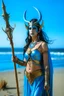 Placeholder: A picture of a beautiful blue faced indian goddess with skin painted blue, blue painted body, blue painted torso, wild black hair, stag antlers, elven ears, golden skirt, holding a staff on a sunny beach