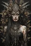 Placeholder: portrait vantblack pouring Acrylic an cyberpunk shaman woman extremely textured botanical-metal faced portrait with a voidcore metal gothica headdress with metallic filigree gothica ornaments around onix stones mineral stone metallic watercolour an black ink filigree silver voidcore shamanism foral ornaments plants and tree branches black ink on half face masque gothica filigree voidcore athmospheric organic bio spiral ökoart creepy stunning