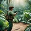 Placeholder: 35mm film photography, [photorealistic art] a hunter with a rifle aiming at a Chilesaurus diegosuarezi. the boys in the jungle, high detail, vintage pellicule, film effect, dramatic dutch light