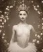 Placeholder: vintage photo of beautiful, stunning ballerina with white feather crown wrapped around head, glittery bodice, close-up half-body portrait, sepia, background of flowers, gauzy white curtains, candles, dreamlike, sepia photography, centered, 8k resolution, high-quality, fine-detail, intricate, detailed matte, volumetric lighting, photo-realistic, candles, translucent gown, illustration, 3D octane render, brian froud, howard lyon, selina french, anna dittmann, annie stokes, lisa parker, greg rutows