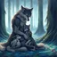 Placeholder: fantasy anime art from an gray bodyhair wolf female anthropomorphic wolf female hibrid kneeling hugs her two anthropomorphic wolf-kid hibrid child on field, in background tall trees wirh big trunks, rain, down on blue-green moss, hug each other , rainy day, high contrast, high detalied, atmospheric, fantasy, sci-fi mood