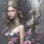 Placeholder: fantasy magic, intricate, sharp focus, illustration, highly detailed, digital painting, concept art, artgerm and paul lewin and kehinde wiley, masterpiece sexy lips with a smile Celtic lady body flowers head silver bright rain lady outer space pretty, pink blue