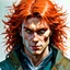 Placeholder: dnd, fantasy, watercolour, portrait, illustration, male, face, green eyes, determined, happy, red hair, very long hair, radiating light, five o'clock shadow