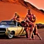 Placeholder: muscle car, man and naked woman making love, desert road, sunset, full colour,