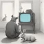 Placeholder: pig watching a tv about video game persona with a rabbit playing music beksinski style