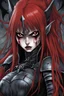 Placeholder: Boichi art, kazuma kaneko ART, a vampire girl, vampire teeth, angry face looking at the camera, wearing a armor, blood in her face, long red hair, white eyes, Black nails, inside of an Elden castle, close up on her face