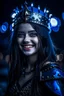 Placeholder: pretty young girl, good body, greath blue eyes, blue long haired, dressing a black armor, tiara, big smile, intense look, darknight sky background.