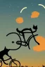 Placeholder: A pedaling cat riding a bicycle is flying at night in the sky over tall buildings.