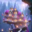 Placeholder: a magical flower muschroom bleu gold house in the woods, pink vertical, blue lake,sharp, vines, candlelit, endor, ornate, elegant, highly detailed, artstation, concept art, smooth, sharp focus, illustration, 8k, splash art, wallpaper, key visual