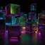 Placeholder: cinematic, abstract geometrical cube backlit bent glass panels and sculptures on a black background, purple green and blue hues. heavy refraction Close up. Bokeh. Macro shot, background blur, abstract, elaborate shapes, neon color gradingm a bunch of different colored objects sitting on top of a black surface, a 3D render, by Werner Gutzeit, trending on behance, holography, phone wallpaper. intricate, glowing blue interior components, feng zhu |, technological rings