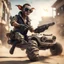 Placeholder: airbrush with pen outline, cool mad max pimp preacher gremlin holding automatic pistol, and jumping with a dune buggy against a wall wearing driver gloves, wearing flip down sun glasses, in the style of a fallout 4,bokeh like f/0.8, tilt-shift lens 8k, high detail, smooth render, down-light, unreal engine, prize winning