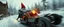 Placeholder: close up on gnome hit man with rocket boots in suit on a mech sled in winter wasteland, style of fallout 4, high speed with motion blur, on elevated road