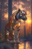 Placeholder: a metallic tiger in the forest looking at the sunset