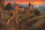 Placeholder: beautiful sunset, stairs, mountains, pathway, gothic disturbing influence, dark alice in wonderland influence, rodolphe wytsman, jenny montigny, and friedrich eckenfelder impressionism paintings