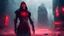 Placeholder: Personification of death, villain, creative and complex design, red light, Complete body, Futuristic city with a lot of fog, realistic, post apocalyptic, 4k, high contrast, perfect, high resolución, highly detailed, dark with nice illumination, rain