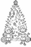 Placeholder: coloring page for kids, , cartoon style, thick outline, low details, no shading, no color, Kids decorating the Christmas tree