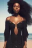 Placeholder: A portrait of a beautiful curvaceous black woman with long black hair, wearing a black dress with a deep v neck, wizard, magical, ethereal, intricate, sharp realistic lighting. Concept art by wlop. Ultra quality 8k.