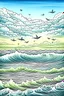 Placeholder: Draw a sea with waves, a view of the beach, and the sky is full of rainy clouds, with a little mist, and two birds flying between the clouds.