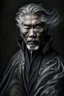 Placeholder: a photo of an Asian man with ethnic jewelry, grey hair and grey flowing robe, in style of Annie Leibovitz, contemporary portrait of a mature yet beautiful and modernist man, black and grey, detailed masculine face, swirling fluid smokey enigma, award-winning artwork