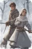 Placeholder: DnD style, two medieval peasant kids playing in the snow male and female, age 14 and 15, happy and playful, he has a short sword.