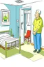 Placeholder: 一個老人，有輔助行走器具、房間的床有扶手，房間十分寬敞明亮，明亮的廁所就在旁邊