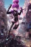 Placeholder: Detailed cute anime Kunoichi girl, purple hair buns, purple bangs, black latex bodysuit, intricate details, full body portrait, keep head in frame, slight smile, black Japanese motif, concept art, highly detailed, digital painting, concept art, sharp focus, illustration, art by Yoji Shinkawa, WLOP and greg rutkowski and alphonse mucha and artgerm and yanjun Chen and Junji ito and Makoto Shinkai, HDR, octane render