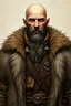 Placeholder: Upper body image of a male 55 years old human merchant, fur coat, bald, fantasy, dungeons and dragons, pathfinder, beige tones, details, rpg