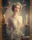 Placeholder: beautiful, stunning woman in 1930s gown standing near small table, flowers, gauzy white curtains, candles, dreamlike, sepia photography, centered, 8k resolution, high-quality, fine-detail, intricate, detailed matte, volumetric lighting, photo-realistic, candles, translucent gown, illustration, 3D octane render, brian froud, howard lyon, selina french, anna dittmann, annie stokes, lisa parker, greg rutowski,