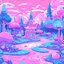 Placeholder: Pink and purple pastel cartoon forest with a magical Victorian teahouse with a garden
