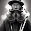 Placeholder: pencil Black and white Portrait of old fishermen sitting on a chair ,long beard, smoke coming out of Classic Briar Wood Pipe ,wearing a bucket hat, fantasy 8k by Van Gogh