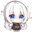 Placeholder: Clear focus, High resolution, long white hair, hair between eyes, straight long locks, sparkling blue eyes, wearing a sailor uniform, wearing a sailor skirt, wearing a brown vest, cute, 1girl, fluffy hair, cute, chibi, cartoon, rough line art, white background